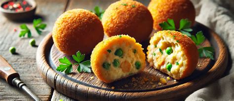 Arancini dorados y crujientes, con un corte que revela su interior relleno.