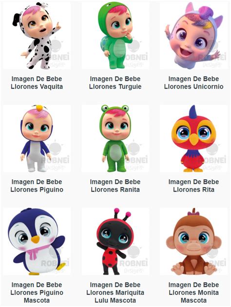 Ilustración de varios personajes de Bebés Llorones con sus nombres.