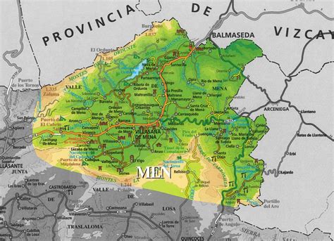 Esquema o mapa del Valle de Mena señalando la ubicación de Taranco y el monte Monasterio.