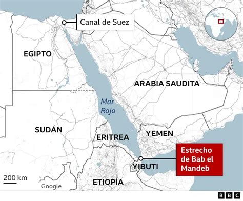 mapa del Mar Rojo y estrecho de Bab el-Mandeb, señalando la ubicación del hundimiento