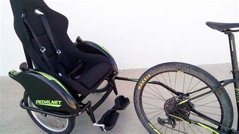 Fotografía detallada de un remolque de bicicleta con una hamaca o asiento tipo capazo para bebé instalado en su interior.