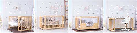 Ilustración mostrando las diferentes transformaciones de la cuna CREA DUE Nomad: cuna, cuna de colecho, cama Montessori y escritorio.
