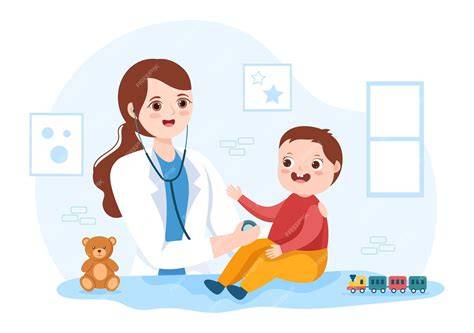 Ilustración de un pediatra interactuando con un niño en una consulta