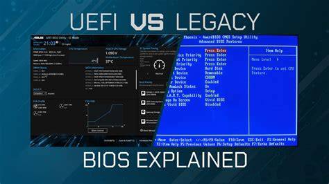 Comparativa visual entre la interfaz BIOS Legacy y la interfaz moderna UEFI de ASUS