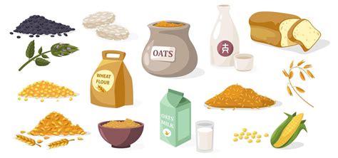 Ilustración de diferentes granos de cereales y fuentes de proteína para la alimentación porcina.