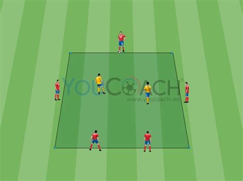 Esquema de un ejercicio de rondo en espacio reducido con balones y conos.