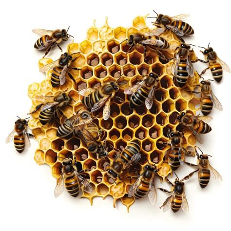 Ilustración de un panal de miel con abejas doradas y detalladas.