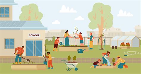 Representación de estudiantes y profesores plantando un árbol en el patio de una escuela.
