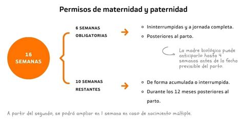 Ilustración esquemática de las 16 semanas de baja por maternidad y paternidad, destacando las 6 semanas obligatorias postparto.