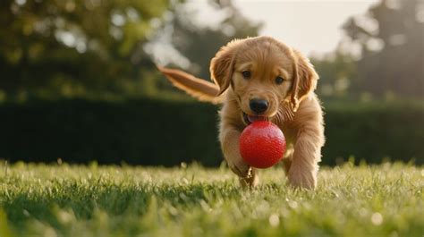Cachorro de Golden Retriever jugando en el césped