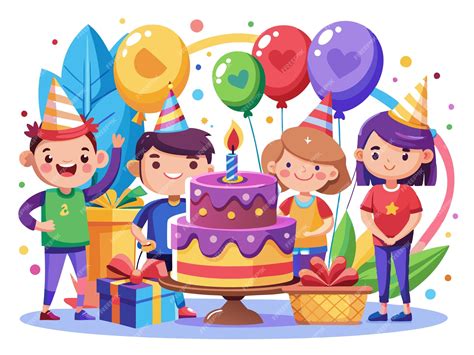 Ilustración colorida de niños celebrando un cumpleaños con pastel y globos