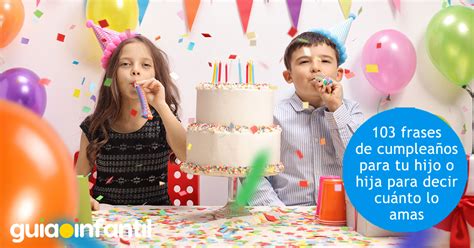 Infografía con frases de cumpleaños para niños y elementos decorativos