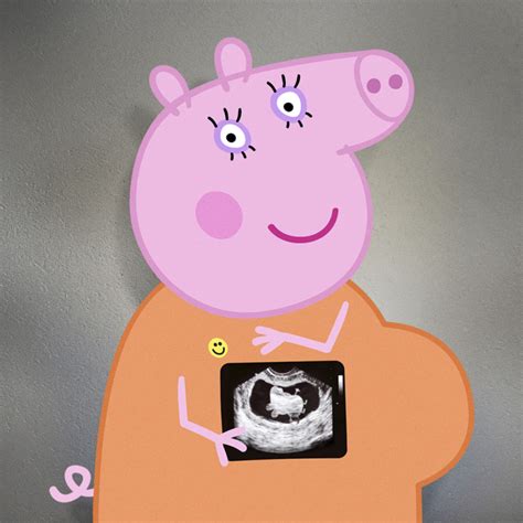 Ilustración de Mamá Pig mostrando una ecografía en su teléfono, parodiando anuncios de celebridades