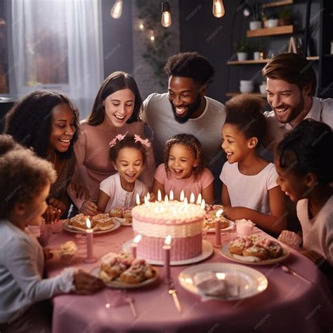 Foto de una familia celebrando el primer cumpleaños de su bebé en casa con globos y un pastel