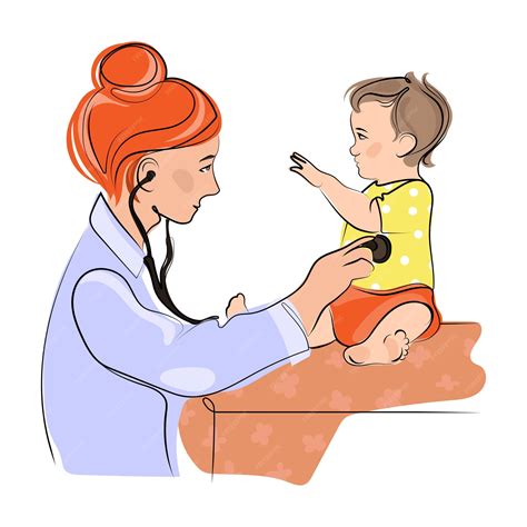 Ilustración de un médico pediatra examinando a un niño en un entorno hospitalario amigable