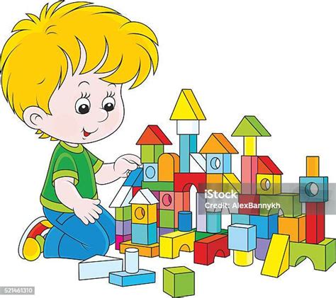 Ilustración de un niño pequeño jugando con bloques de construcción, rodeado de dibujos de corazones.