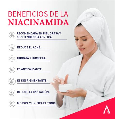 Infografía con los beneficios de la niacinamida para la piel con acné.