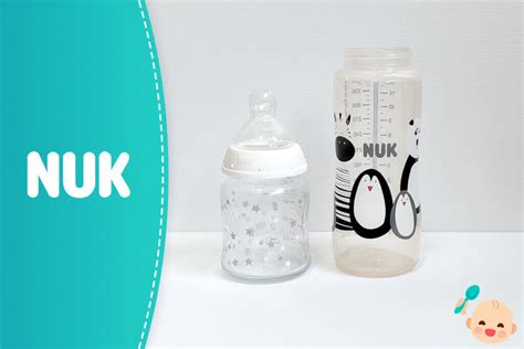 Esquema de las partes de un biberón NUK y proceso de esterilización en agua hirviendo