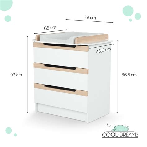 esquema técnico que muestra las dimensiones ajustables del cambiador sobre una cómoda estándar