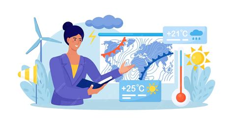 Ilustración de una mujer presentando el tiempo en televisión con gráficos meteorológicos detrás