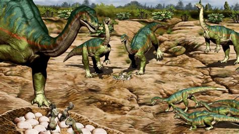 Representación artística de un grupo de Mussaurus patagonicus en una colonia reproductiva