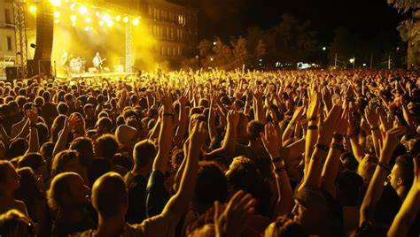 Concierto de rock al aire libre con gran multitud