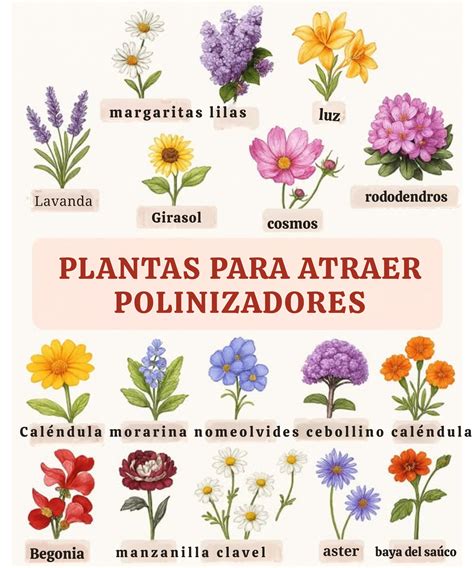 Ilustración de diversas flores atractivas para polinizadores, como girasoles, lavanda y zinnias.