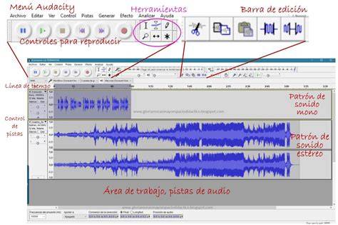 Interfaz de Audacity mostrando los controles de reproducción (Play, Stop, Pausa)
