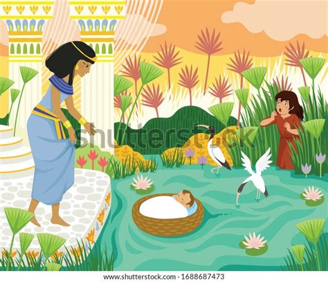Ilustración de la cesta de Moisés flotando en el Nilo, con la hija del Faraón y Miriam observando.