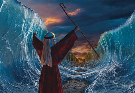 Ilustración del cruce del Mar Rojo, con Moisés extendiendo su vara y el agua dividida.