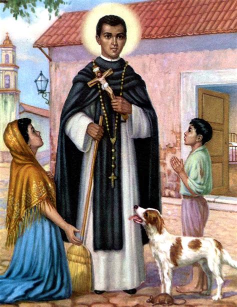 Ilustración de San Martín de Porres limpiando el convento con una escoba.