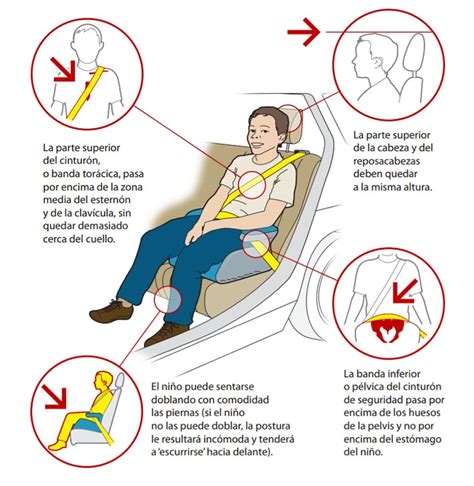 Esquema de un niño en un asiento elevador con cinturón de seguridad correctamente ajustado