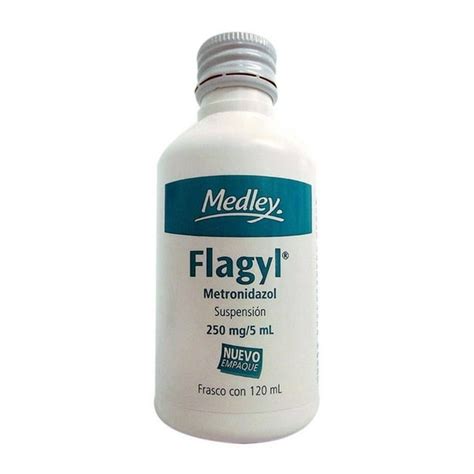 Fotografía de un frasco de suspensión pediátrica de Flagyl