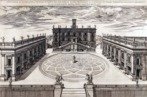 Ilustración de la Plaza del Capitolio en Roma, diseñada por Miguel Ángel, evocando la época de César Augusto.