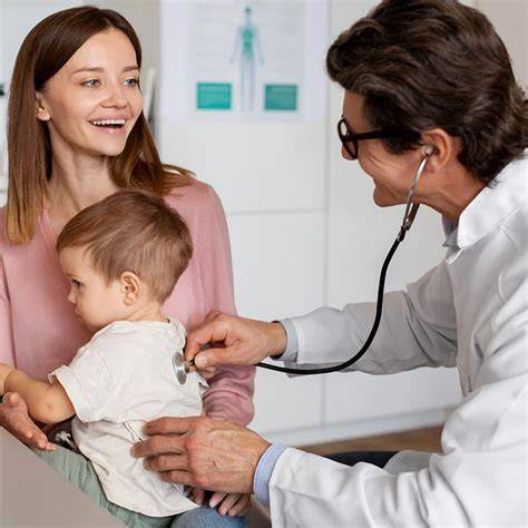 Equipo médico pediátrico atendiendo a un niño en un consultorio