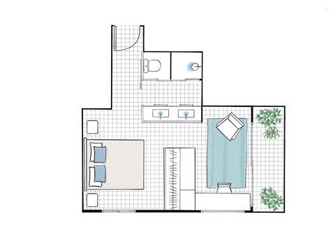 Plano de una suite residencial con cocina completa y balcón en The Grove Resort & Water Park Orlando