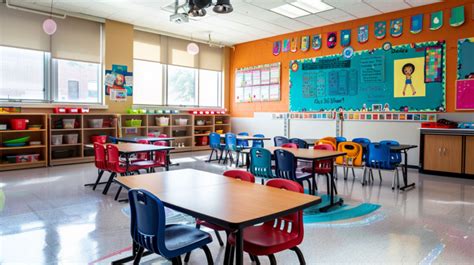 Aula de primaria creativa y funcional con mobiliario bien distribuido y colores adecuados