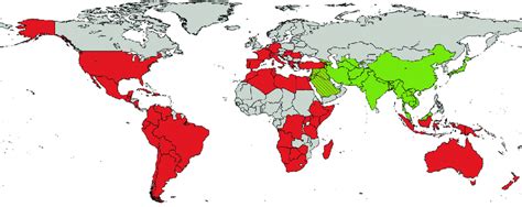 Mapa de distribución mundial de Arundo donax, mostrando las zonas invadidas