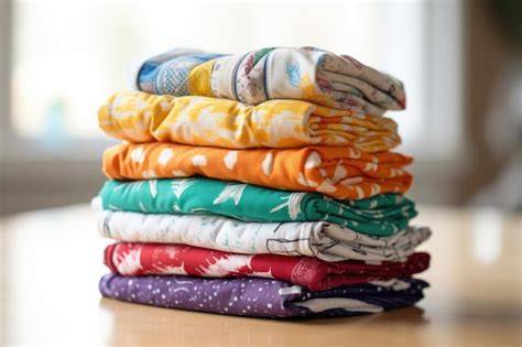 Foto de una pila de pañales de tela de diferentes estampados y colores