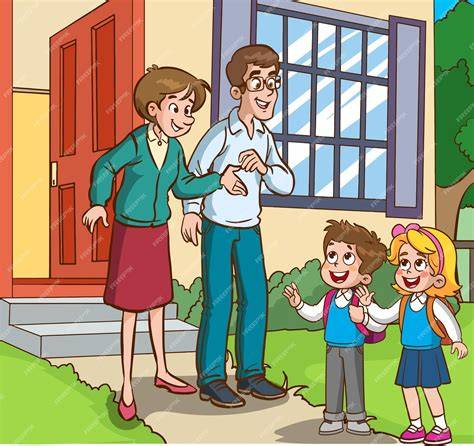 Padres con hijos a la entrada de un colegio, simbolizando la crianza familiar