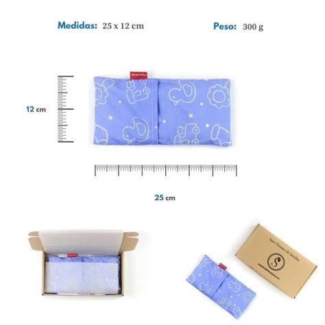 Ilustración de un saquito térmico de semillas para bebés, mostrando su tamaño y forma ergonómica.