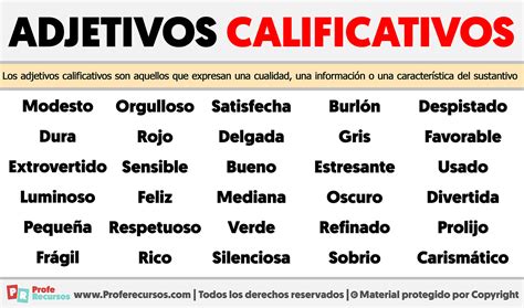 Infografía ilustrada que muestra ejemplos de adjetivos calificativos aplicados a objetos y personajes literarios.