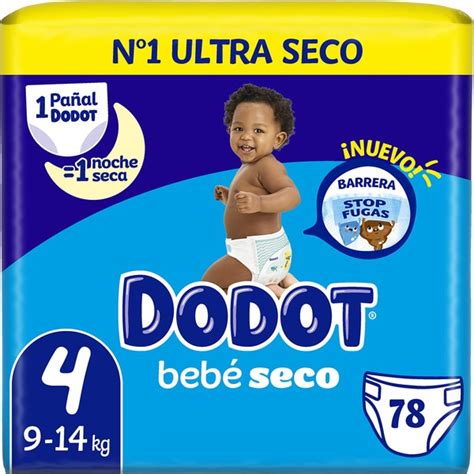 Paquete Dodot Bebé Seco Talla 4 Mega Pack Ahorro, mostrando el diseño del pañal y el rango de peso