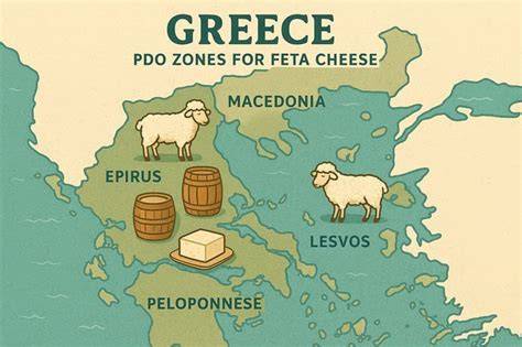 Mapa de las regiones productoras de queso Feta en Grecia