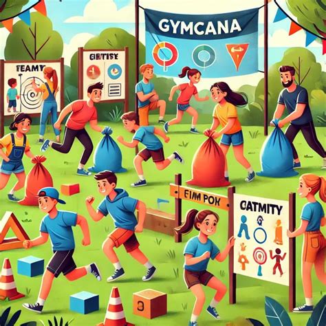 Ilustración colorida de niños participando en una gincana al aire libre.