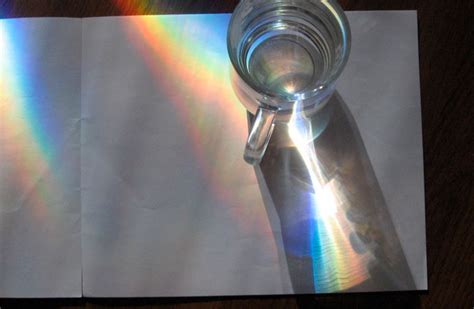 Imagen de un experimento casero para crear un arcoíris con un vaso de agua y luz.