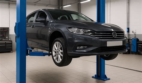Fotografía de un elevador de una columna levantando un SUV en un taller mecánico moderno