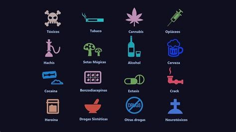 Infografía con iconos representando las adicciones más comunes: alcohol, drogas, juego