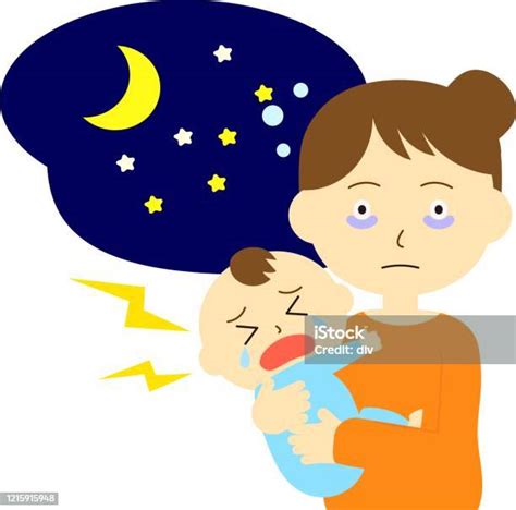 ilustración: madre agotada intentando cuidar a un bebé que llora por la noche