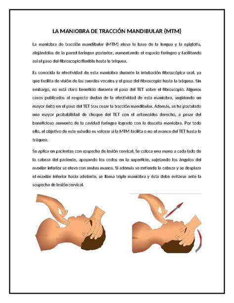 Esquema de la maniobra frente-mentón vs tracción mandibular en caso de trauma cervical.